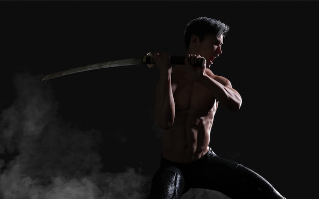 Human Portrait of A Handsome Muscular Ancient Warrior With A Sword with Clipping Path 