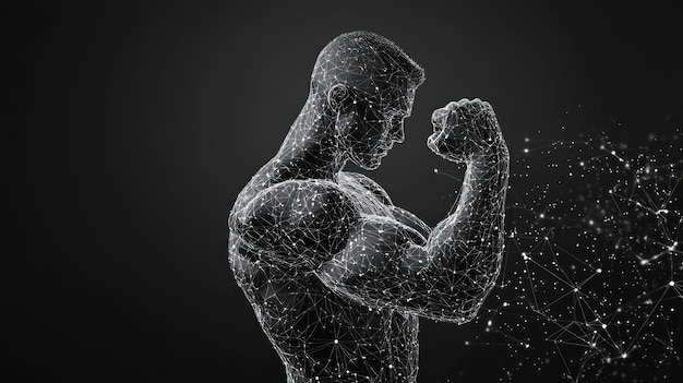 Photo human power low poly wireframe banner template polygonal physical strength strong bodybuilder athlete body mesh art 3d render illustration 3d male hand muscles flexed biceps with connected dots