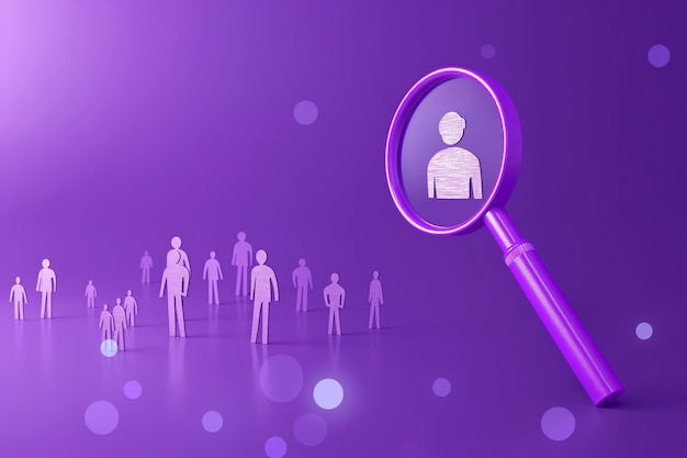 human resources concept magnifier and people icon on purple background we are hiring background