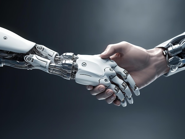 Human and robot hand shake and future opportunely for future AI jobs industry mock up design