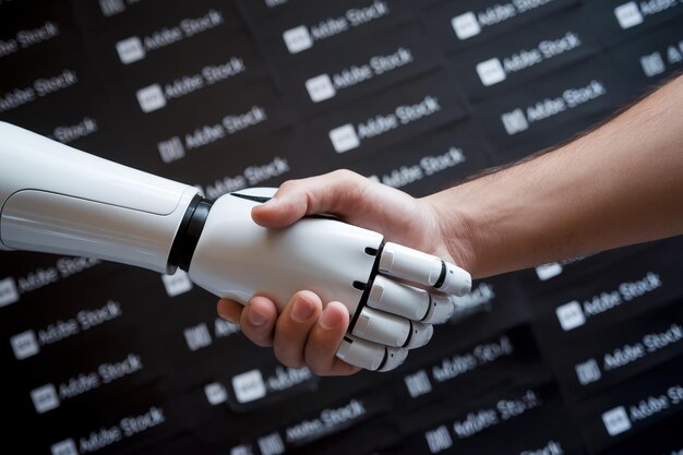 Photo human and robot shake hands in innovation