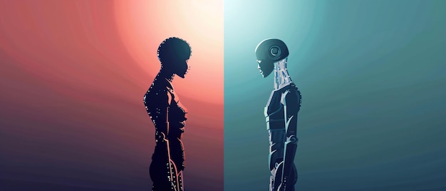 Human and Robot Stand Facing Each Other Conceptual Art