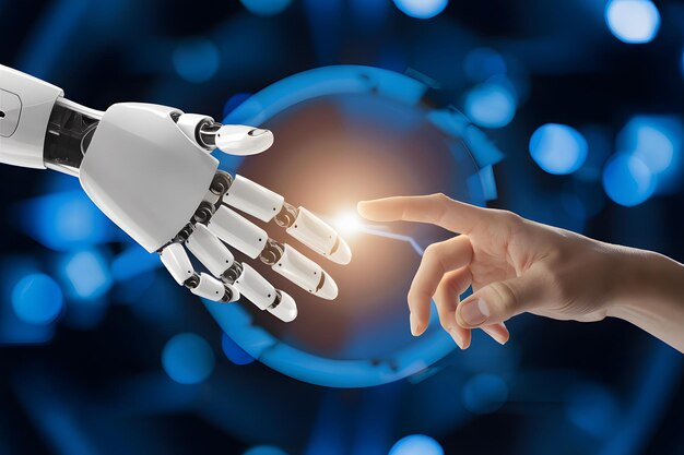 Human and robotic hands about to shake hands set against a futuristic blue bokeh background