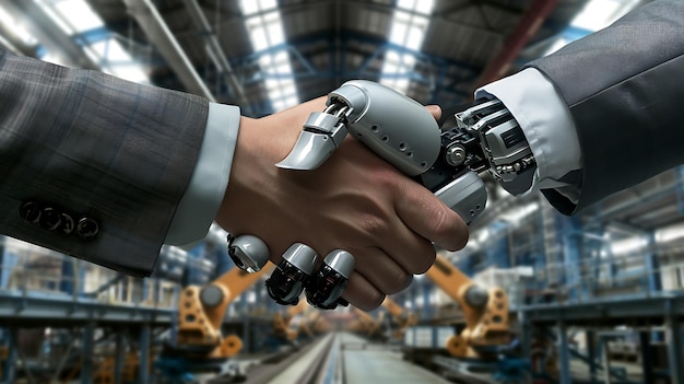 Photo human and robotic handshake in industrial setting