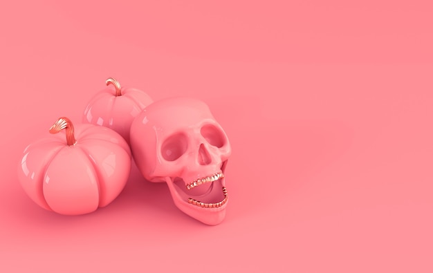 Human scull anf pumpkin 3d rendering Golden deathshead on pink background