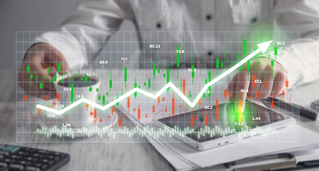 Human showing graph and stock market statistics Forex trading analysis