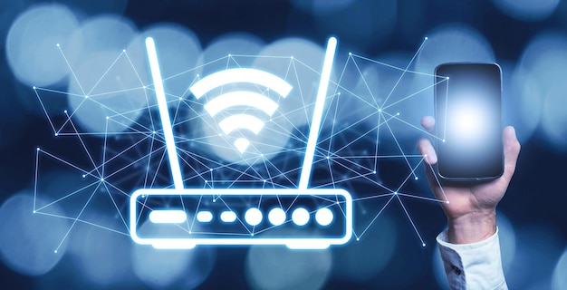 Human showing a Wifi router and network