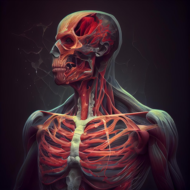 Human skeleton anatomy with muscles and circulatory system on dark background