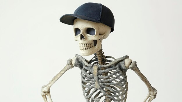 Photo human skeleton in cap on white background halloween concept