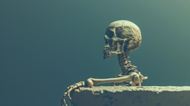 Photo human skeleton contemplating life death and the unknown concepts halloween mortality anatomy fear