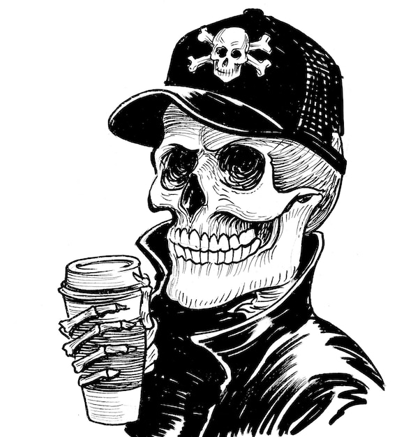 Human skeleton drinking coffee from the paper cup. Ink black and white drawing