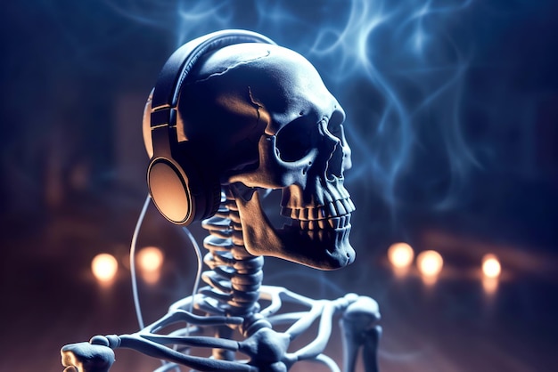 Human skeleton listening to music with headphones Generative AI