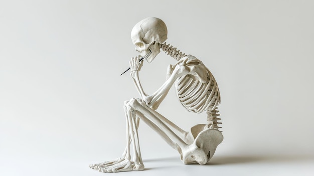 Photo a human skeleton sits in a thoughtful pose while holding a pencil on a light background