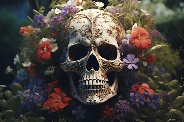 A human skeleton skull is adorned with flowers creating an intriguing view