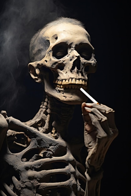 Human skeleton smoking cigarette on dark background Halloween concept Studio shot