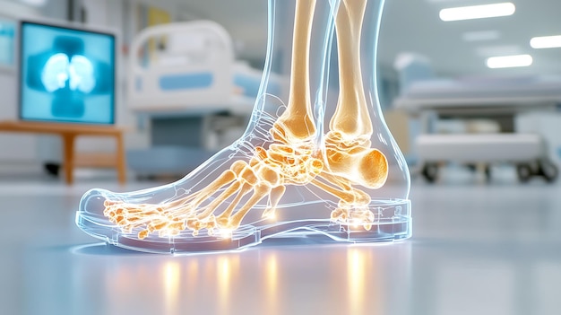 Photo a human skeleton with a translucent blue hue in a sleek hospital room where the metatarsal