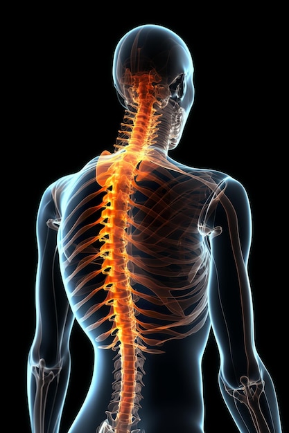 Human skeleton with view on the spine bones XRay 3D render