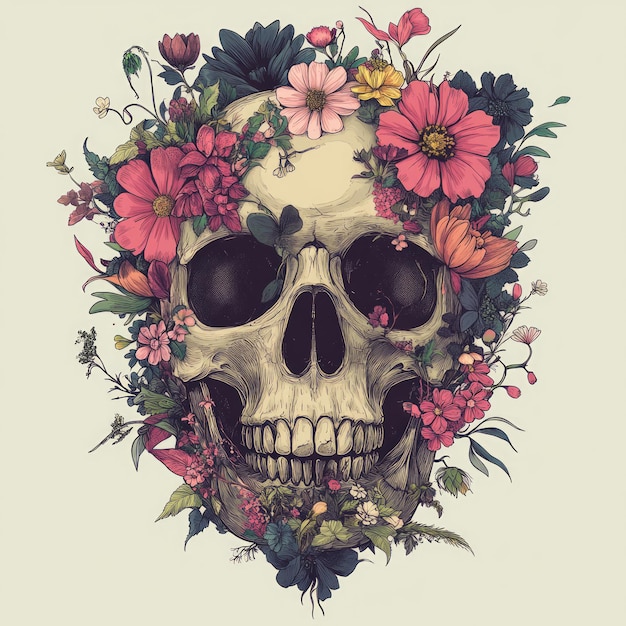 Photo human skull adorned with a vibrant floral crown a symbolic artwork