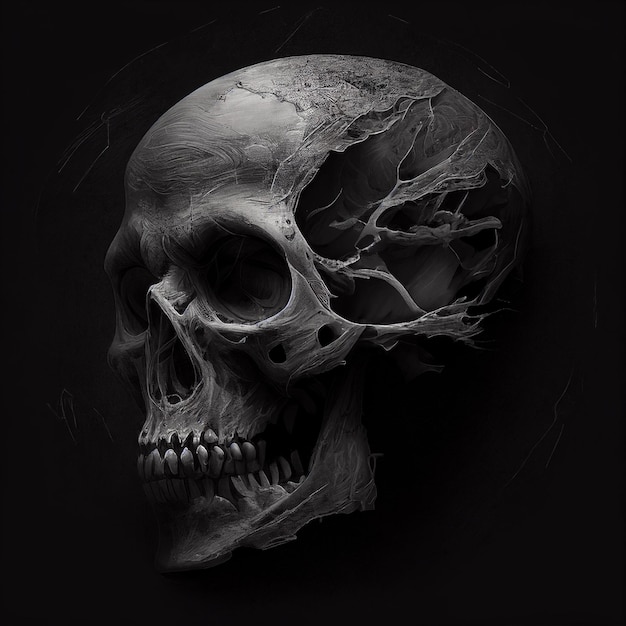 Human skull on black background generative ai