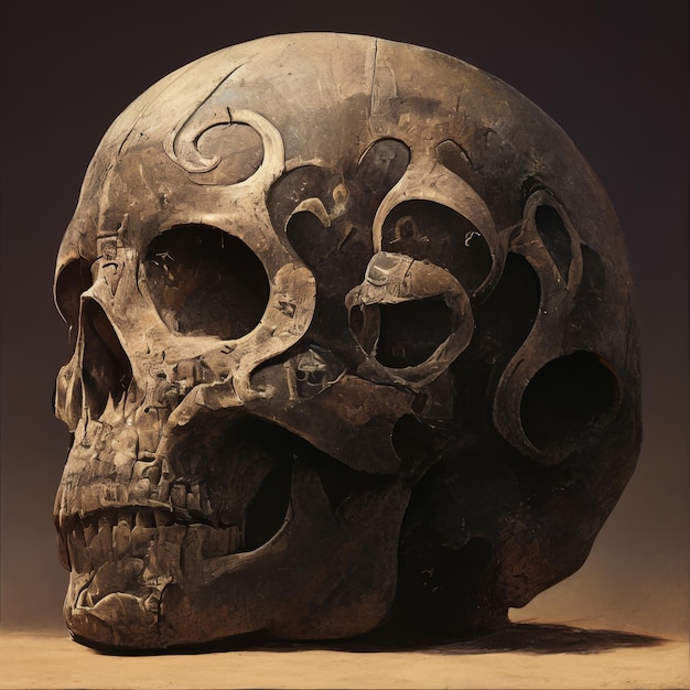 Photo a human skull carved from stone with animal skulls etched into its surface giving a sense of ancient