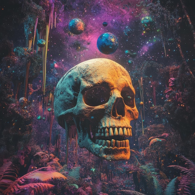 Photo a human skull floats in a cosmic forest surrounded by planets and glowing orbs