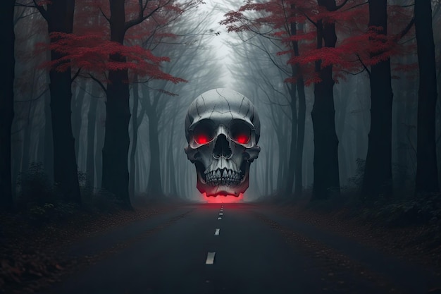 Human skull in fog on the forest mistery road background ai generative