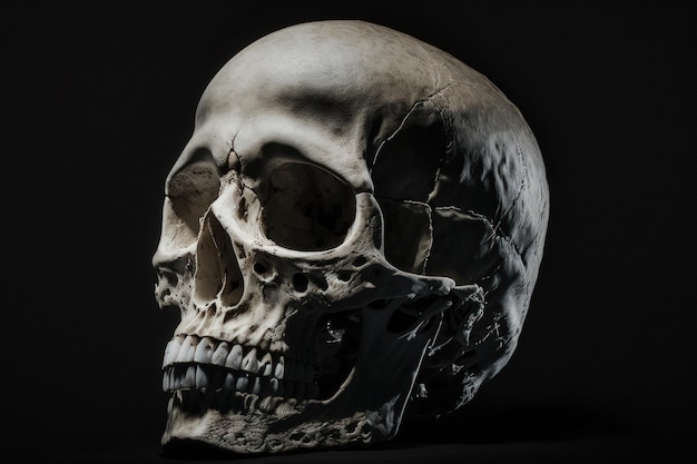 Human skull front side on a dark empty background