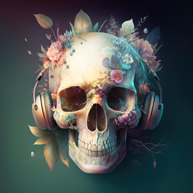 Human skull in headphones abstraction Generative AI