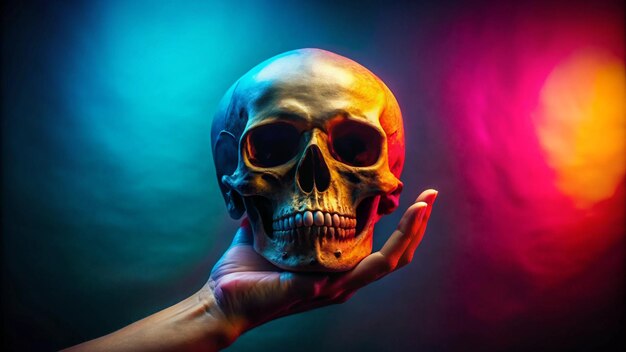 Photo a human skull is held up in a hand with a colorful background