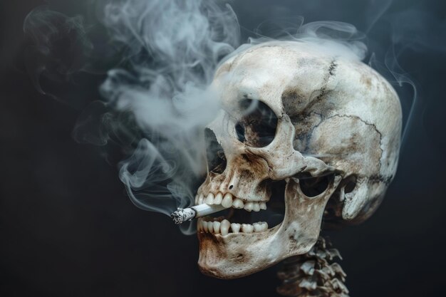 Human skull is smoking on dark background no smoking concept