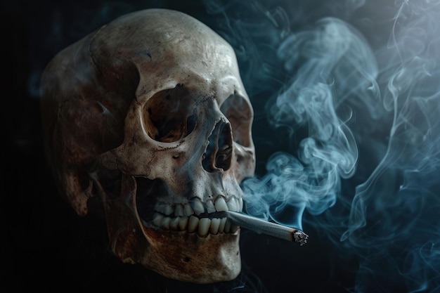 Human skull is smoking on dark background no smoking concept