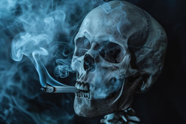 Human skull is smoking on dark background no smoking concept