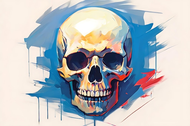 Photo a human skull painted in abstract style with blue and red strokes