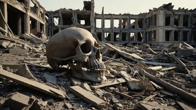 A Human Skull Resting Amidst the Rubble of a Destroyed Building The scene is bleak and haunting a stark reminder of the destruction caused by war