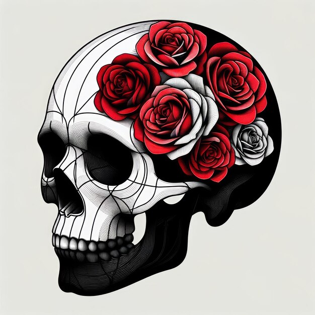 Photo human skull silhouette painted with roses modern abstract lines logo sketch for tattoo halloween