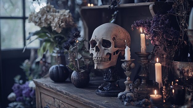 A human skull sits on an antique table with candles and dried flowers