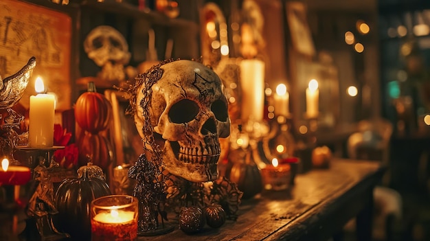 A human skull sits on a table with candles pumpkins and other objects