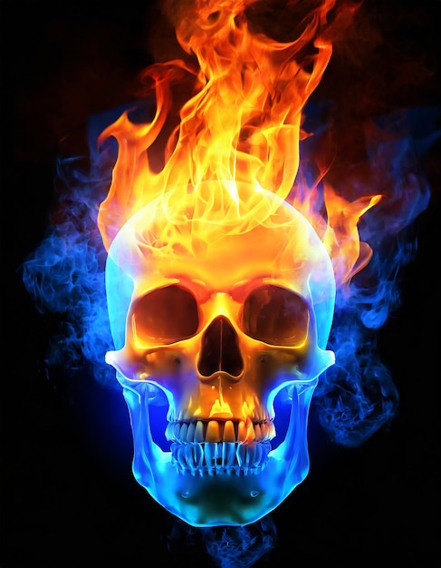 Human skull Skull in blue and orange flames Skull with fire and flames isolated on black backgroun