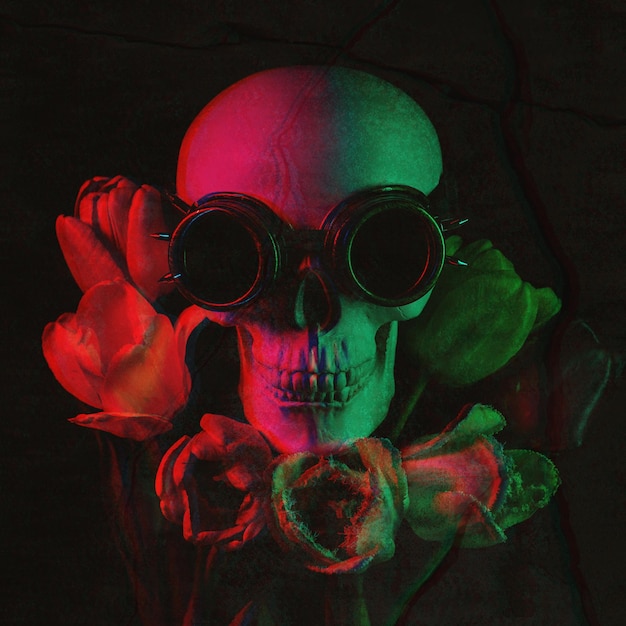 Human skull in steampunk glasses in flowers with digital texture