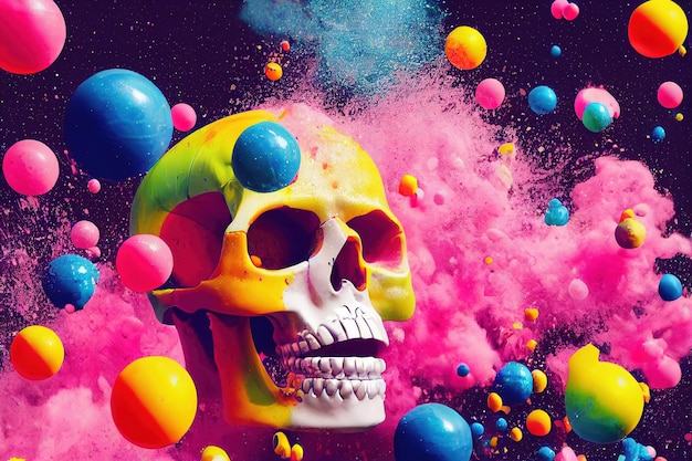 Human skull surrounded by colorful balls on background multicolored bubble and powder vibrant color