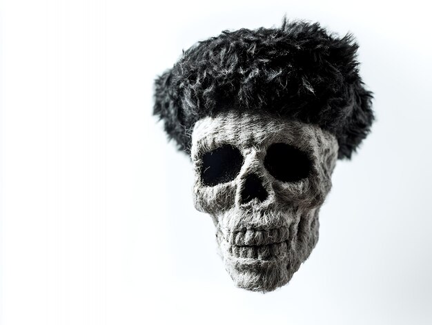 Photo a human skull wearing a black fur hat with empty eye sockets isolated on a white background