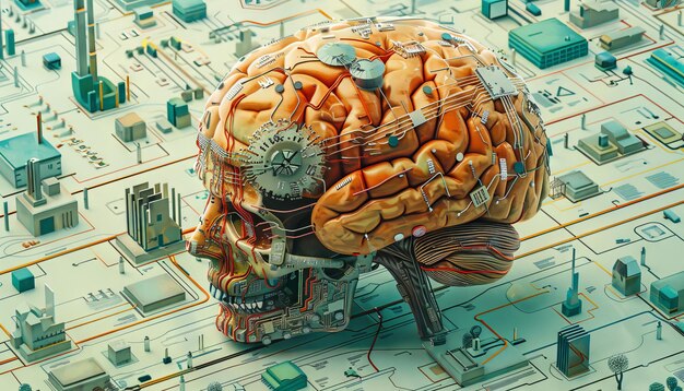 Photo a human skull with a brain sits atop a complex circuit board representing the intersection of technology and the human mind