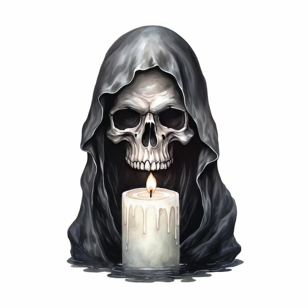 Human skull with burning candle isolated on white background