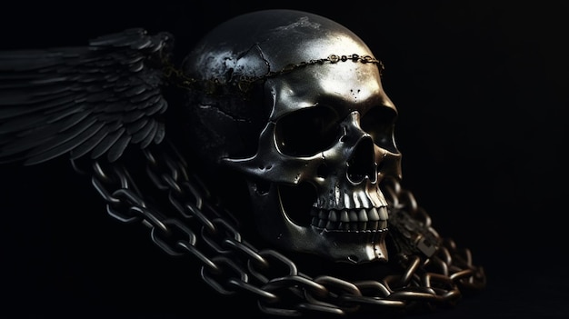 Human skull with chain on a dark backgroundgenerative ai