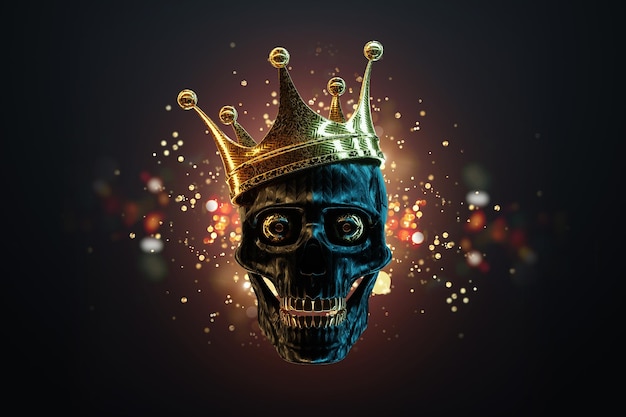 A human skull with a crown on its head a dead king Modern design magazine style creative image trendy template black and gold luxury style 3D render 3D illustration