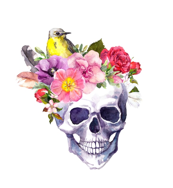 Human skull with flowers and bird in boho style. Watercolor