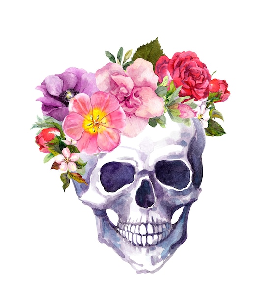 Human skull with flowers in boho style. Watercolor