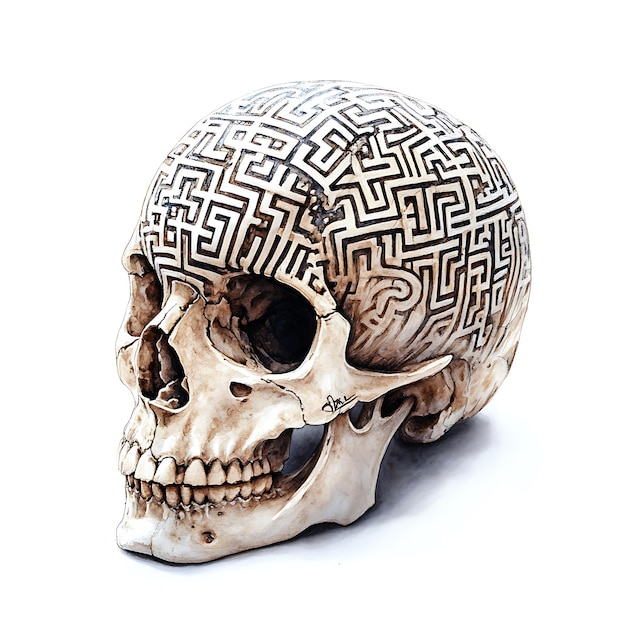 Human Skull with Intricate Maze Pattern Symbol of the Mind and its Complexity