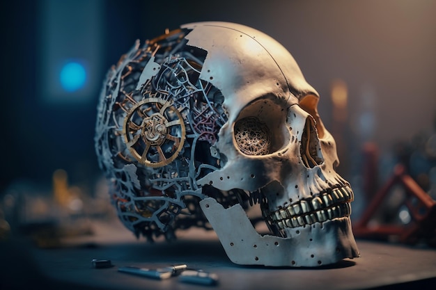 Human skull with mechanical mechanism illustration Generative AI