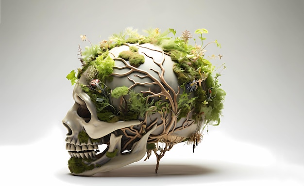 Human skull with plants and vines around it White background Generative AI